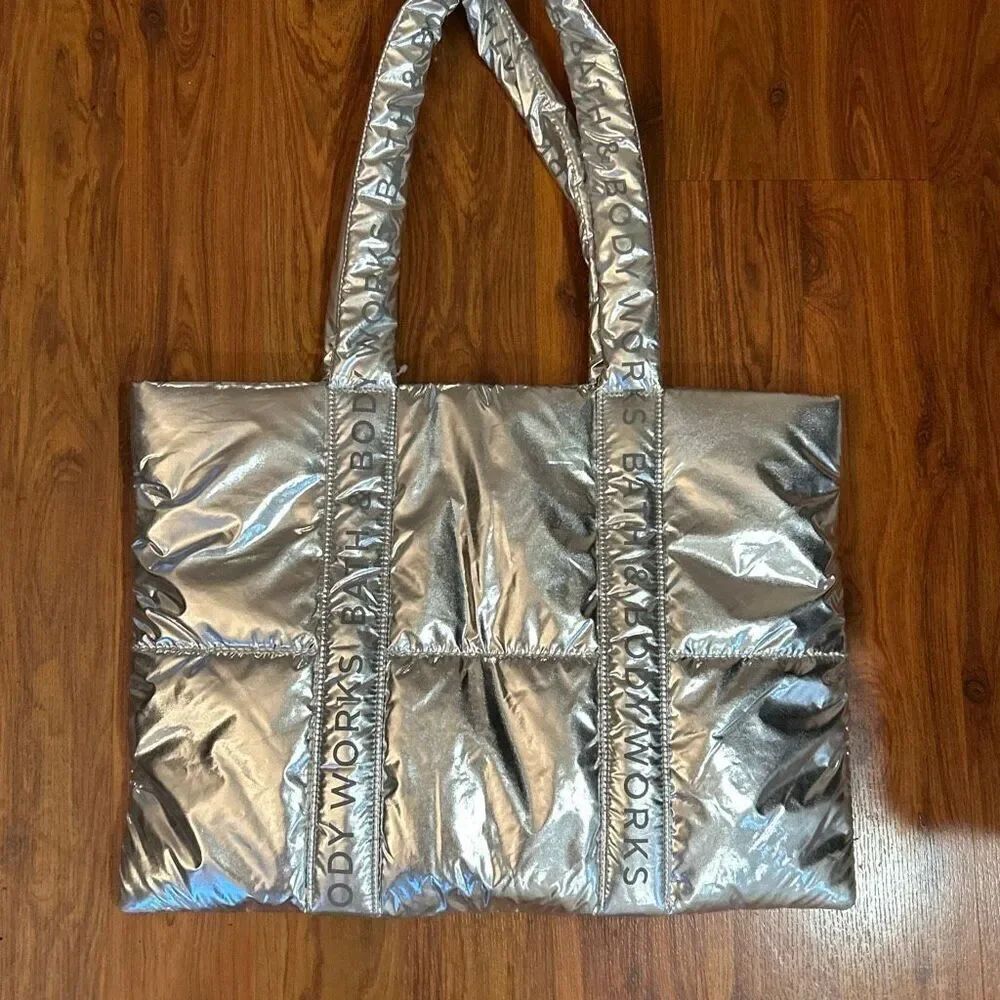 NWT Bath & body Works silver puffer large quilted tote bag new